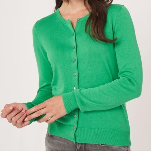 Land’s End green basic fine knit buttoned down long sleeves cardigan Sz L/P - Picture 1 of 6